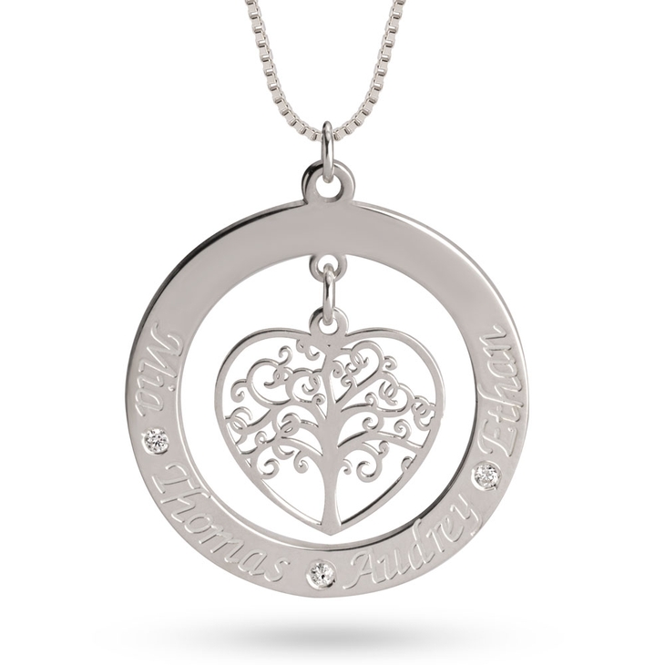 Engraved Tree of Life Necklace With Names and Diamonds