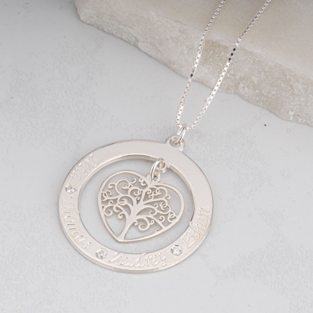 Engraved Tree of Life Necklace With Names and Diamonds