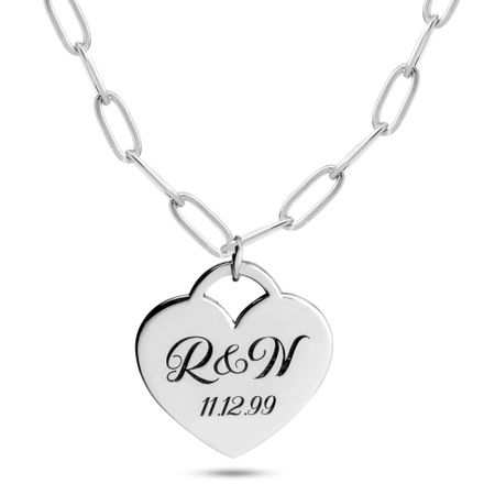 Engraved Heart Necklace with Paperclip Chain