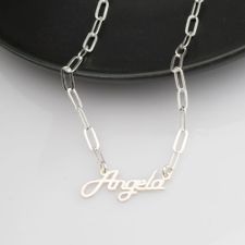 Cursive Name Necklace Paperclip Chain - Thumbnail Model