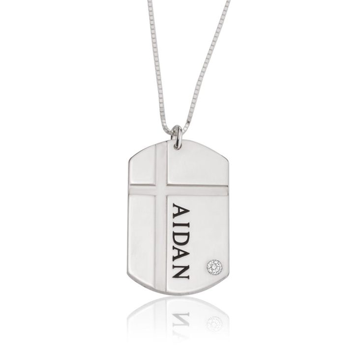 Mens Cross Dog Tag Necklace with Cubic Zirconia