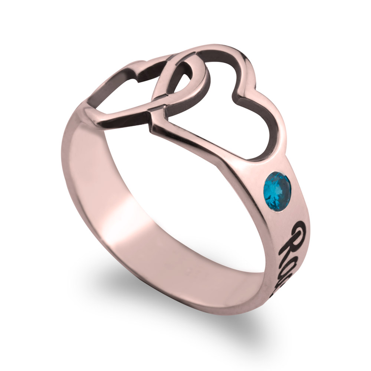Birthstone Ring with Engraved Hearts and Names